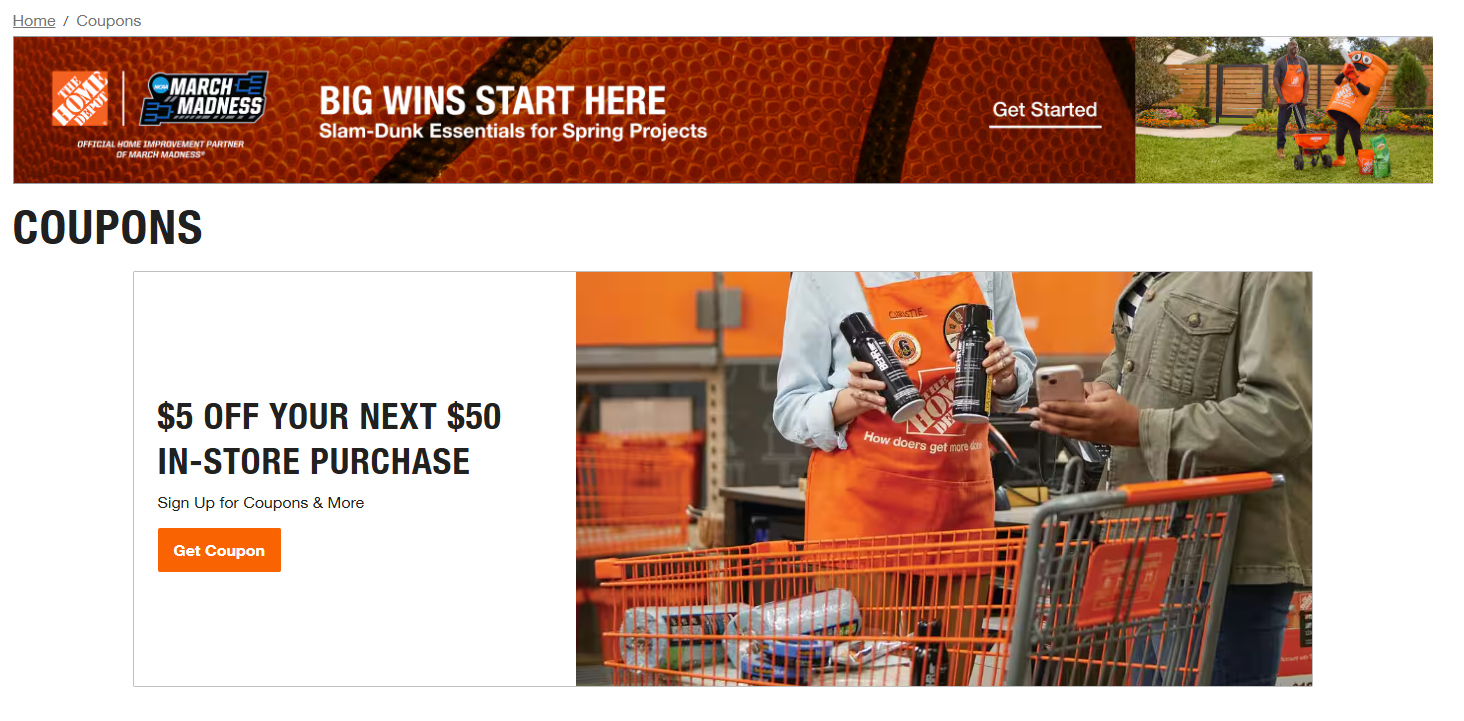 Home Depot coupons page
